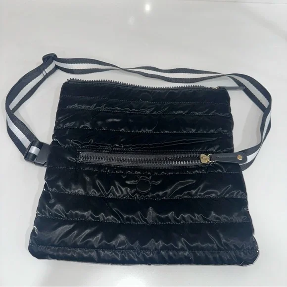 Sondra Roberts Squared Black Quilted Puffer Crossbody Bag w/Striped Strap NWOT - Picture 2 of 11